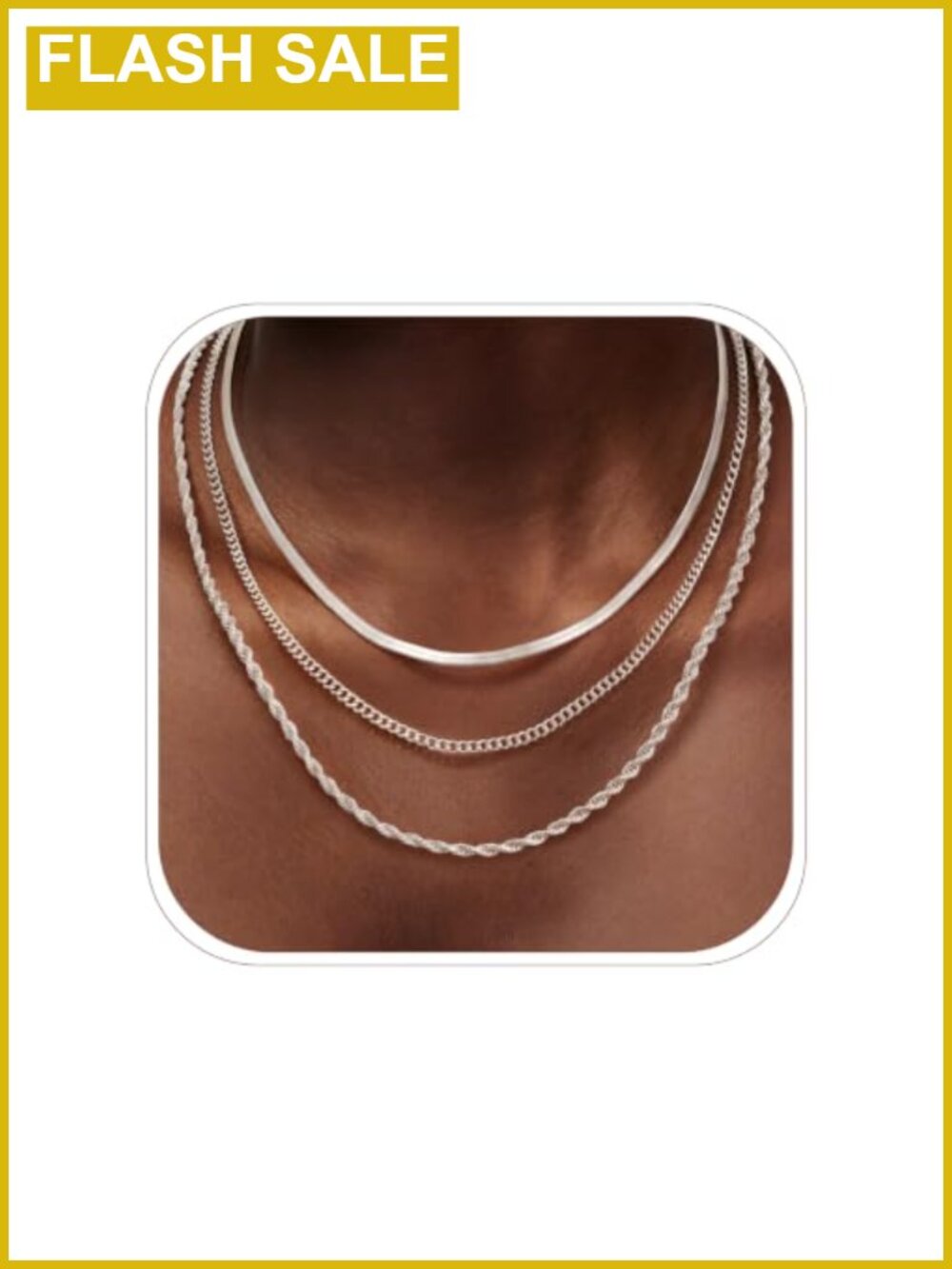 Silver Plated Layered Necklace Set 3 Chain Choker Herringbone Rolo